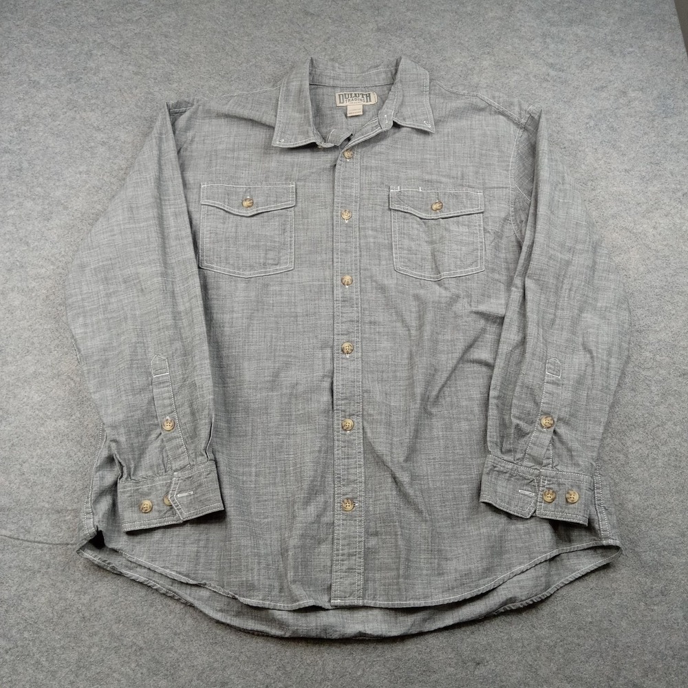 Duluth Trading Shirt Mens 2XL Gray Chambray Button Front Long Sleeve Workwear